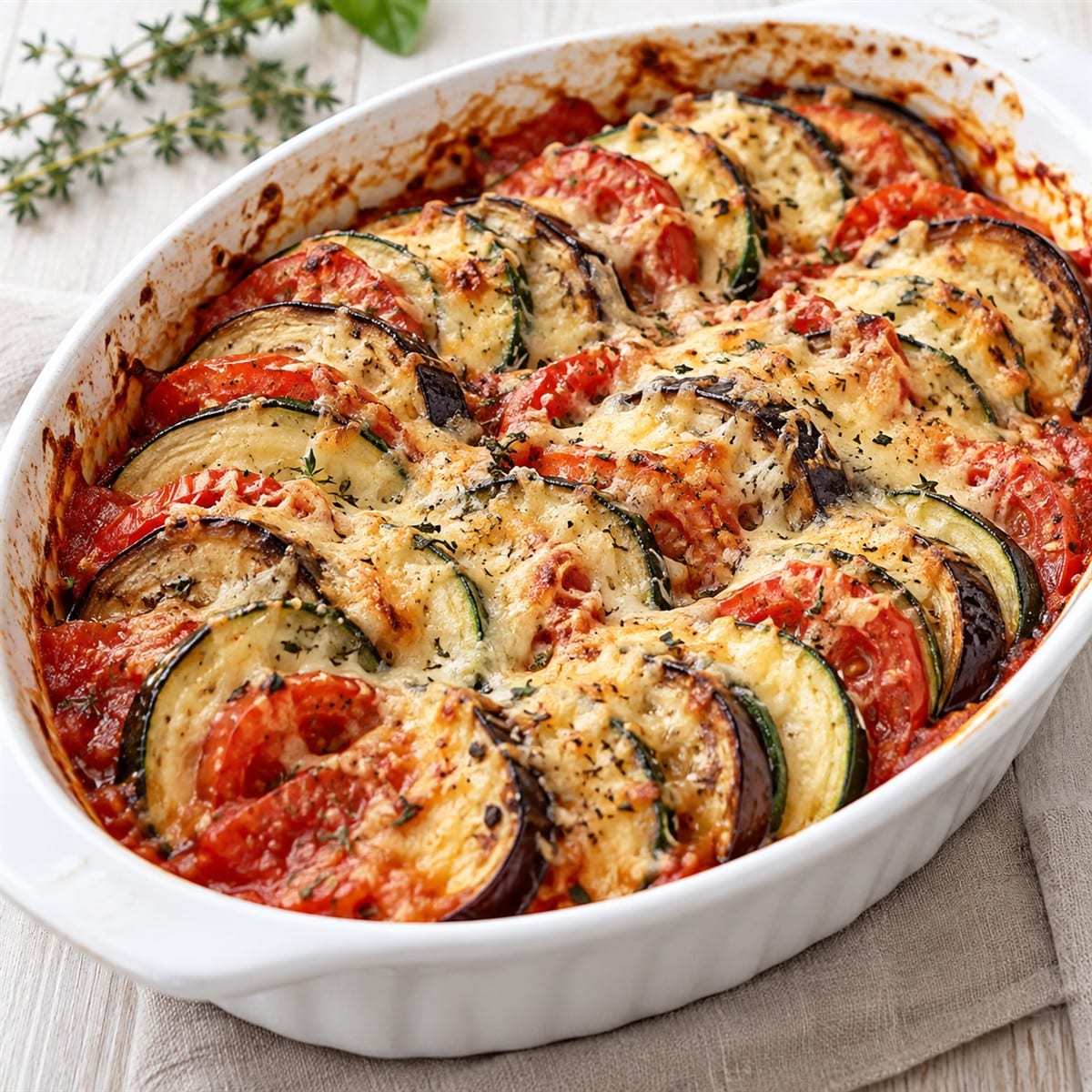 Gratinate Zucchini and Aubergine with Tomato and grated Cheese - Rock the Taste