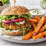 Vegetarischer Burger mit Süßkartoffel Pommes