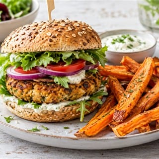 Vegetarischer Burger mit Süßkartoffel Pommes