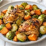 Knuspriges Hähnchen mit Rosenkohl und Süßkartoffeln aus dem Ofen